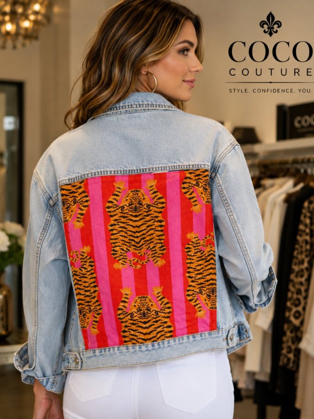 VJ72562 Classic Denim HOT PINK Tiger Scarf Denim Jacket